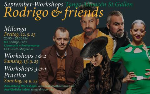 Freitags-Milonga mit DJ Rodrigo Fonti, Live-Musik mit Mariano Siccardi am Piano und Agustina Leoni Gitarre  und Gesang, sowie Performance von Delfina Pissani & Diego Valero