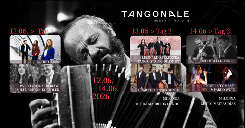 TANGONALE Übersichtsbild mit im Hintergrund Astor Piazzolla, im Vordergrund allen Ensembles 